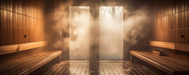 Sauna finlandesa clásica sauna de madera con vapor caliente complejo de relajación de spa ventana panorámica generativa ai