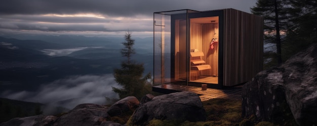 Foto sauna finlandesa de madera en la montaña