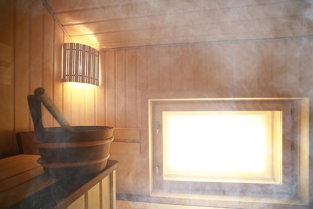 Sauna, Innenwannen aus Holz, Holzbänke und Liegen Zubehör für Sauna, Spa-Komplex im Hotel