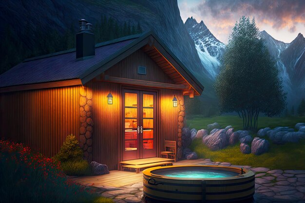 Sauna con luz en el jardín y bañera de hidromasaje al aire libre con fondo de paisaje montañoso