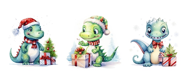 Saur süßer Dino mit Weihnachtsgeschenk-Aquarell-KI generierte glückliche Kartencharakter-Hut-Baby-Design Saur süßer Dino mit Weihnachtsgeschenk-Aquarellillustration