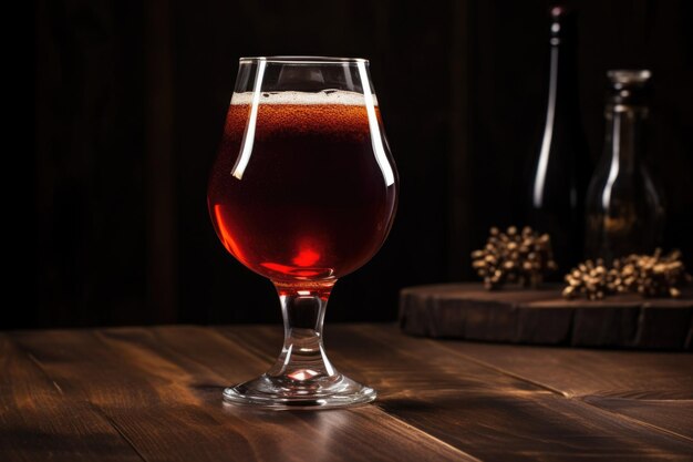 Foto saures bier in einem schnüffelglas auf einem dunklen holztisch