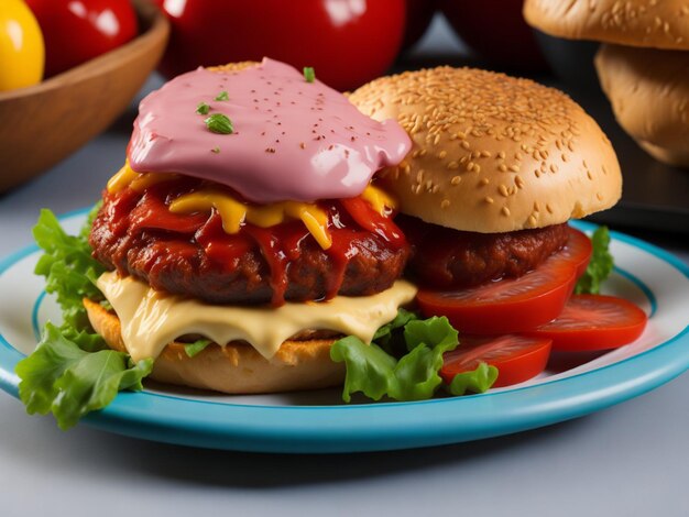 Saures gegrilltes Rindfleisch mit geschmolzenem Cheddar-Käse, knuspriger Salat und frischen Gurken