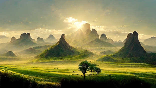 Savana com árvores arbustos de grama verde e montanhas no horizonte 3D renderização ilustração Raster