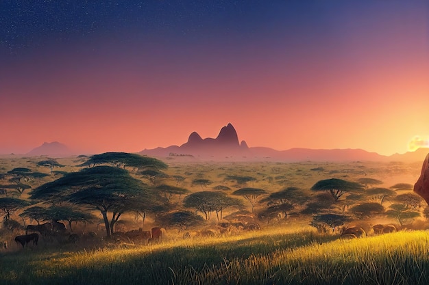 Savana com árvores arbustos de grama verde e montanhas no horizonte sob uma ilustração 3d de céu claro