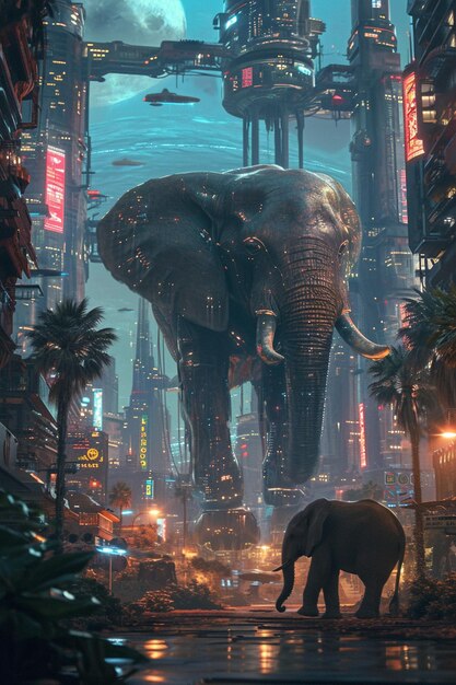 Foto savana cyberpunk com leões robóticos e elefantes vagando entre futuristas