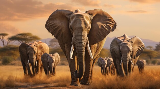 Savannah-Szene einer Elefantenherde, die im Grün umherwandert, in Harmonie mit der Natur lebt und zusammenlebt