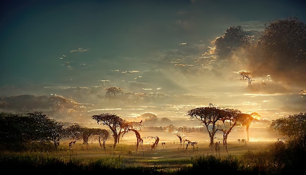 Foto savanne mit bäumen und grünem gras bei sonnenuntergang