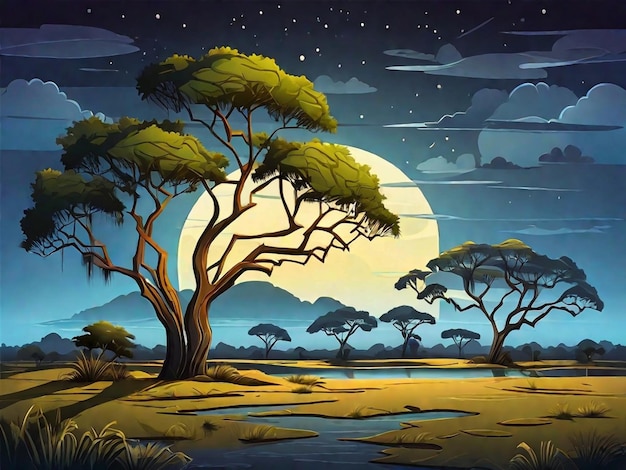 Savannenlandschaft mit Akazienbäumen in der Nacht