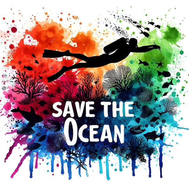 Foto save the ocean silhouette with cartoon art generated by ai