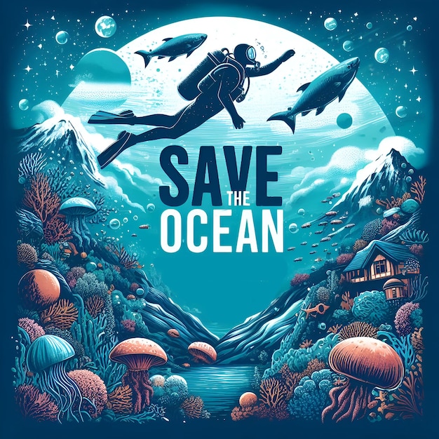 Foto save the ocean silhouette with cartoon art generated by ai