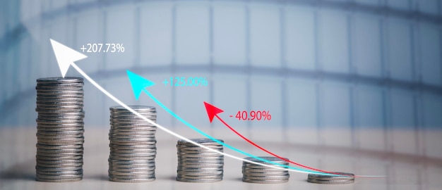 Saving Bank for Business Finance conceito moeda e crescimento de linhas Mercado de ações ou gráfico de negociação forex e gráfico de velas adequado para investimento financeiro dinheiro fundo de câmbio