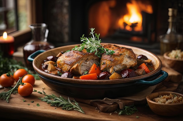 Savory Coq au Vin Dish em um cenário rústico