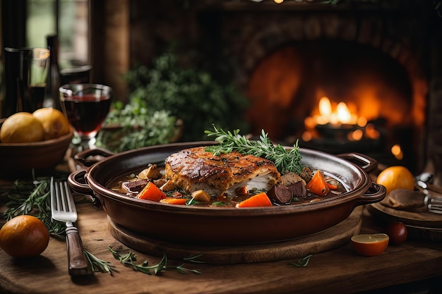 Savory Coq au Vin Dish em um cenário rústico