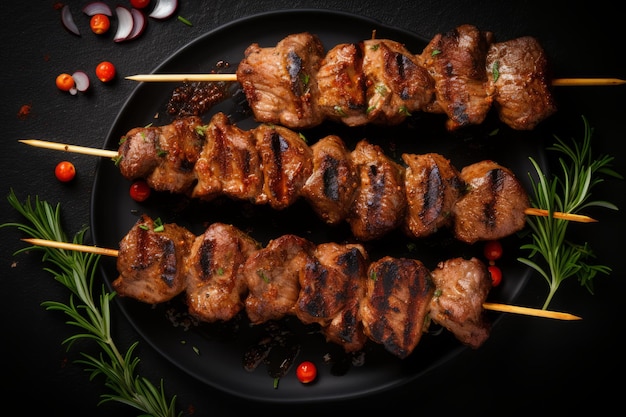 Savory Shish Kebab Delights TopView Salchichas de carne a la parrilla en un fondo negro AR 32