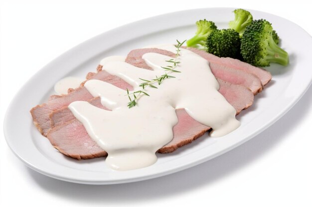 Savory Vitello Tonnato com molho Drizzle em fundo branco