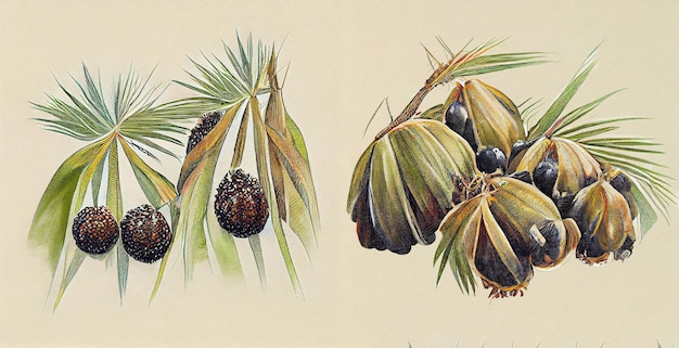 Saw palmetto (Serenoa repens). Ilustração botânica em papel branco. As melhores plantas medicinais.