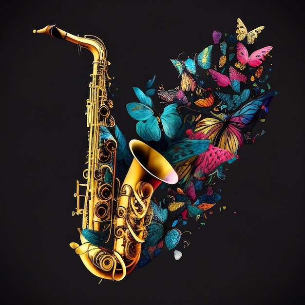 Saxofón y coloridas mariposas volando aisladas en negro, para publicidad y diseño