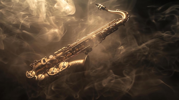 Foto saxofón dorado con humo sobre un fondo negro el saxofón está en el centro de la imagen y el humo está girando a su alrededor