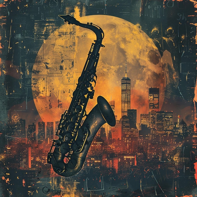 Saxofón estilizado contra un paisaje urbano con luna llena que se levanta en un cielo naranja