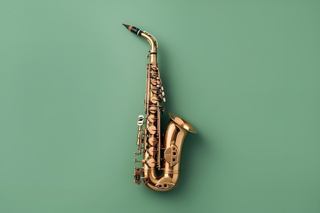 Saxofón Saxofón alto dorado sobre fondo verde Minimalismo IA generativa