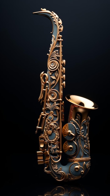 Saxofone azul e dourado em fundo preto