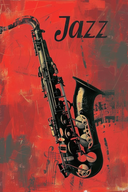 Foto saxofone com a palavra jazz em um cenário grunge vermelho dinâmico jazz revival