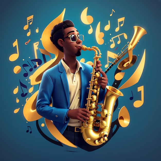 Saxofone com notas musicais Ícone vetorial de desenho animado Ilustração Ícone de instrumento musical Conceito de ícone Vector premium isolado