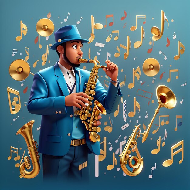 Saxofone com notas musicais Ícone vetorial de desenho animado Ilustração Ícone de instrumento musical Conceito de ícone Vector premium isolado