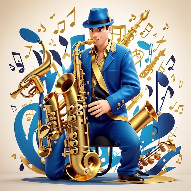 Saxofone com notas musicais Ícone vetorial de desenho animado Ilustração Ícone de instrumento musical Conceito de ícone Vector premium isolado