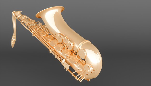 Saxofone dourado em um fundo preto, ilustração 3d