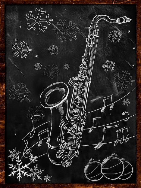 Saxofone esboço de natal no quadro-negro