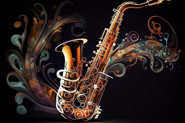 Saxofone feito com pinceladas de aquarela e notas musicais Generative Ai