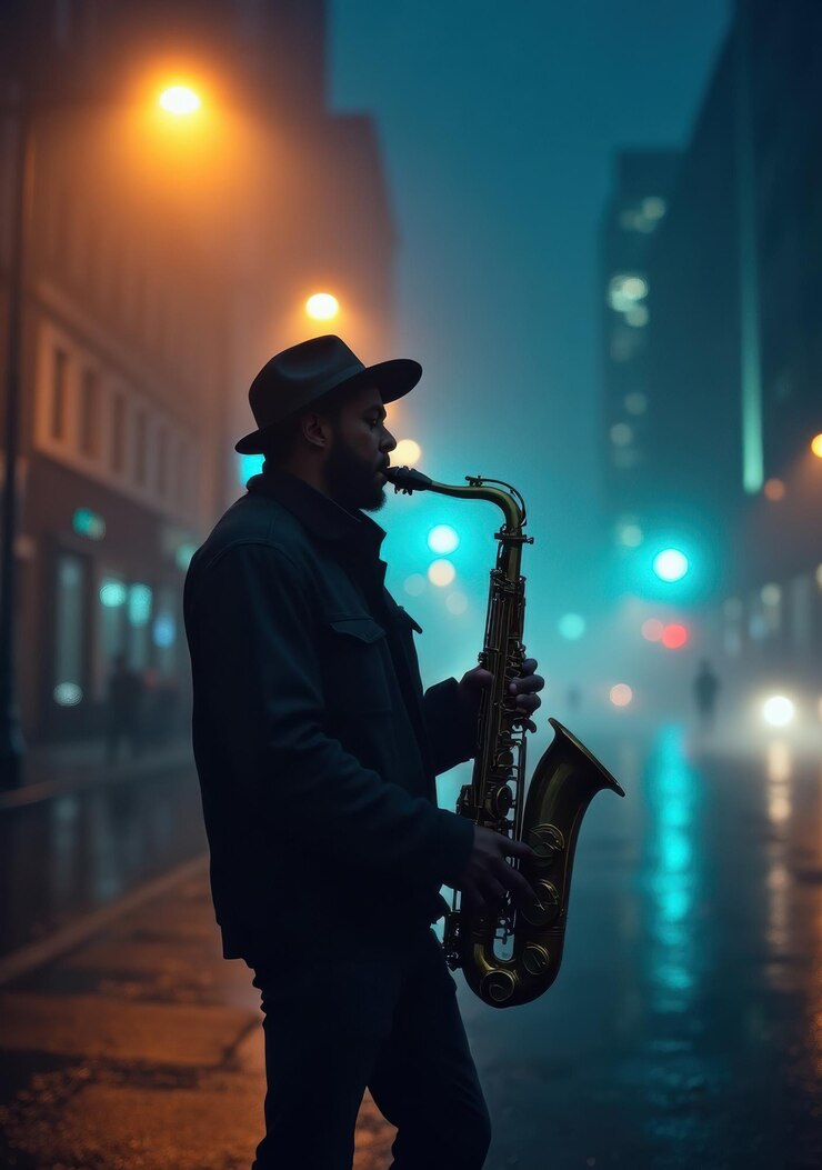 Foto saxofonista actuando en una calle de la ciudad en la niebla por la noche bajo luces de la calle brillantes