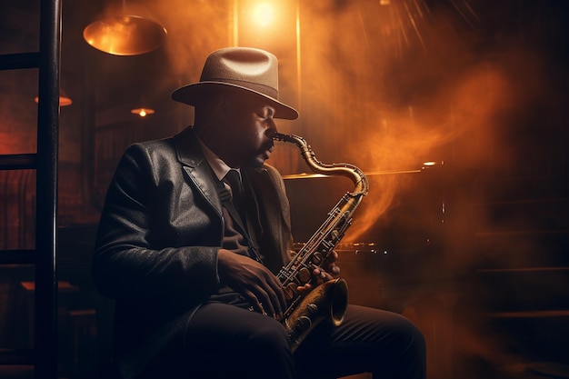 Saxofonista de jazz em um salão enfumaçado improvisando sou 00530 01