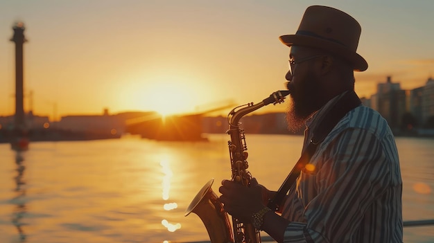 Saxofonista Hombre tocando el saxofón contra el fondo de la puesta de sol
