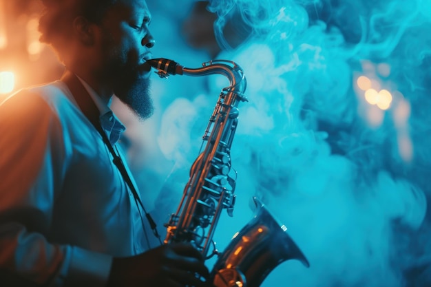 Saxofonista imerso em uma apresentação solo com um fundo de fumaça azul Jazz Revival