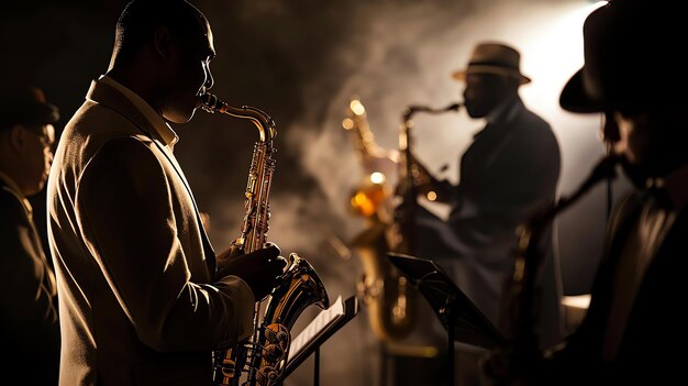 Foto el saxofonista se pierde en la música sus dedos bailando sobre las teclas