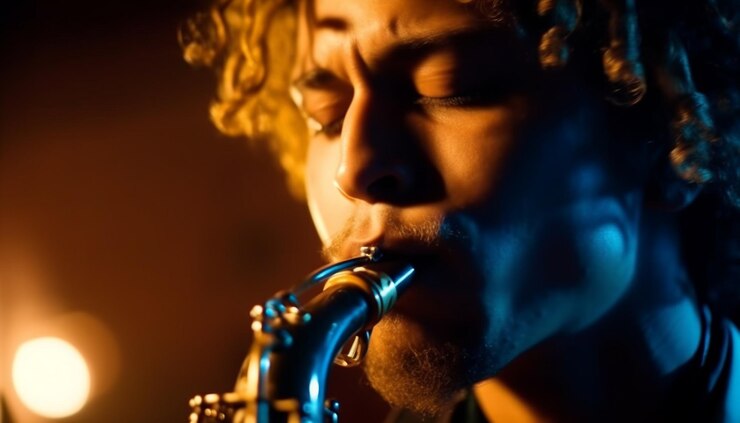 Foto saxofonista soplando latón iluminado por luz de escenario generada por ia