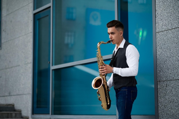 Foto el saxofonista toca la melodía en las escaleras de la calle