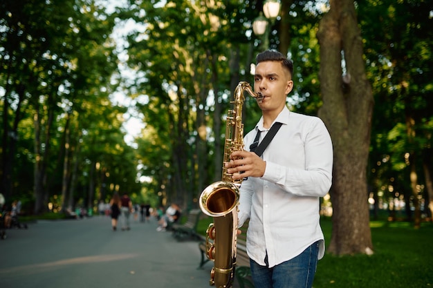 El saxofonista toca la melodía en el parque de verano