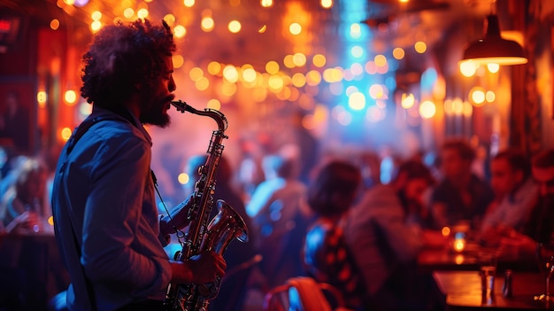 Saxophonist der Bokeh-Jazz-Szene, umgeben von dem Umgebungslicht eines geschäftigen Clubs