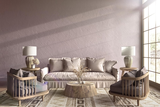 Scandi Boho Innenarchitektur Wohnzimmer leere Wand Hintergrund 3D-Render-Illustration