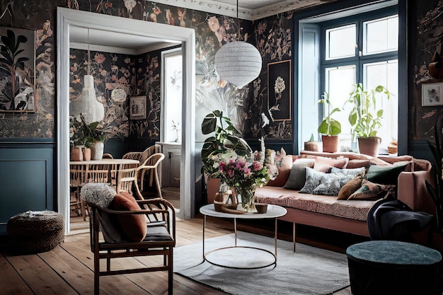 Scandi boho interior com papel de parede floral, piso de madeira natural e móveis escandinavos