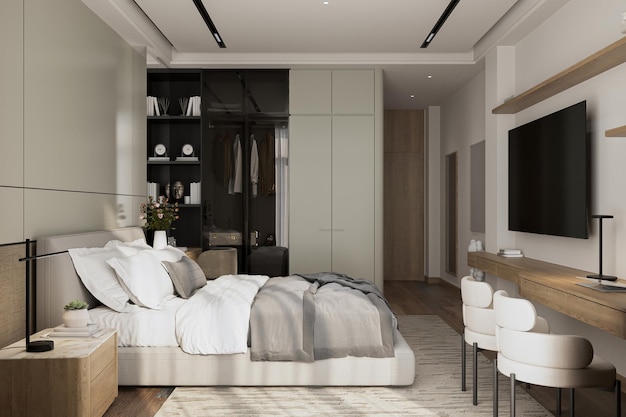 Scandinavian Chic Nordic Clean Style Modernes Schlafzimmer mit Bett, TV, Schreibtisch und Stühlen