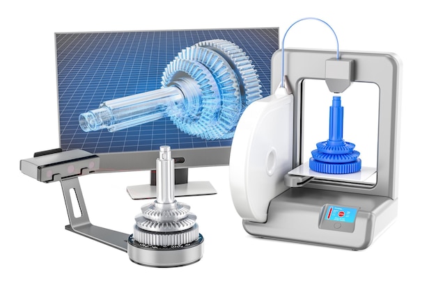 Scanner 3D, impressora 3D e monitor de computador Renderização 3D