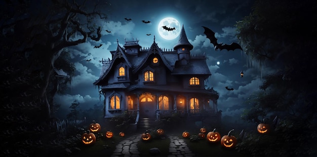 Scare House Background com imagem de conceito de halloween de morcegos de espantalho de caveira de abóbora