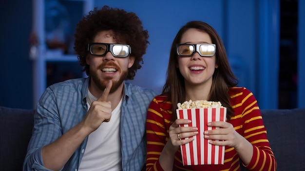 Foto scared ginger couple watch scarying movie gaze with stupefaction eat popcorn wear stereo glasses