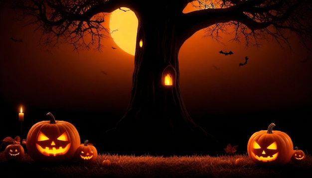 Scared Jack O Lantern und Kerzenlicht in Kürbis mit Baum und Fledermaus für einen glücklichen Halloween