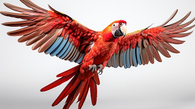 Foto scarlet macaw fliegt isoliert auf weißem hintergrund